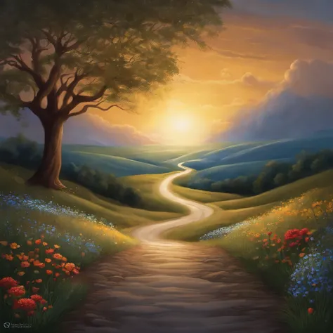 Draw an illustration that represents a journey from sadness to recovery, symbolizing overcoming depression. In the image, the highlight is a winding road that begins in a dark and desolate landscape, representing a deep sadness. As the road progresses, it ...