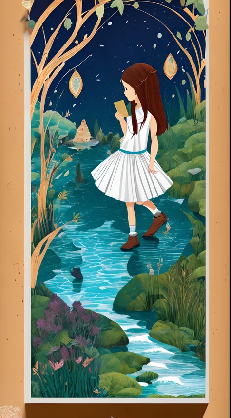 paper cut out，landscape，landscape painting，lindo cenario，rainbowing，gardens，Antique architecture，Rockery pond，a beautiful teen-aged girl，Short Ruffled Skirt