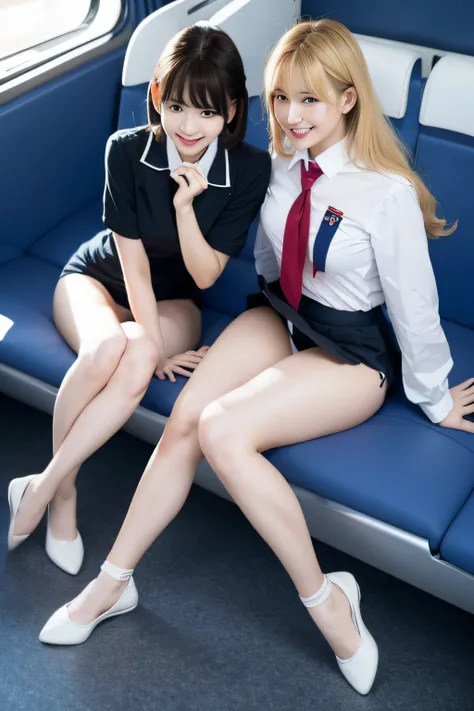 2girls, 16 K, Best Quality, 超A high resolution, School uniform, Train interior, is standing, Full body, Legs, thighs thighs thighs thighs, (Panties:1.2), Skirt lift, lifted by self, look looking at viewer, Full smile, Black Short Bob Hair, BREAK,Blonde lon...