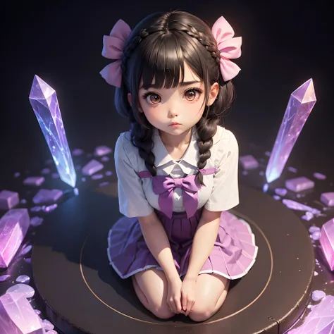 Q version of cute beautiful girl，Dumb cute，duck sitting，（Big eyes），Small mouth，（（（with short black hair，Braid））），looking at me，（JK school uniform，Meticulous portrayal），（（Figures，blindbox）），（（Colloidal material，crystal-clear，Good light transmission）），（Disne...