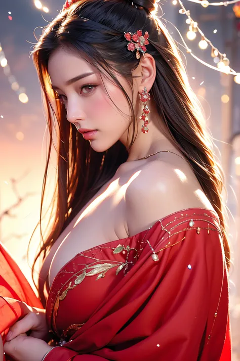 Gilded Chinese Palace,looki at viewer,depth of fields,bokeh dof,light falling,((A MILF))、pregnant woman、Red dress transparent lingerie、one-girl、Red shirt、a black skirt、huge-breasted、 with brown eye、(long whitr hair、brunette color hair、Very straight hair:1....