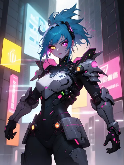 masterpiece, best quality, Confident cyberpunk girl, cowboy shot, ((wearing detailed combat armor with neon trim)), bold colors and patterns, eye-catching accessories, trendy and innovative hairstyle, vibrant makeup, Cyberpunk dazzling cityscape in backgro...