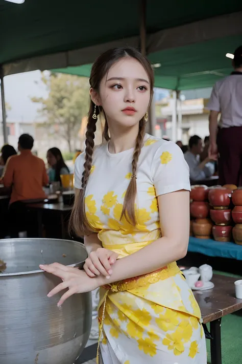 arafed woman in a yellow and white dress standing next to a large pot, dilraba dilmurat, sukhothai costume, anime thai girl, in style of thawan duchanee, nivanh chanthara, nuttavut baiphowongse, a young asian woman, traditional beauty, a cute young woman