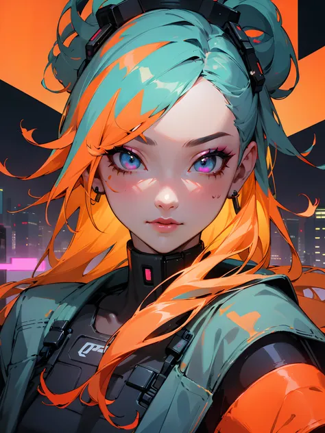 Masterpiece best quality (portrait) of confident cyberpunk girl, Harajuku-inspired pop outfit, bold colors and patterns, eye-catching accessories, trendy and innovative hairstyle, shapeless hair, vibrant makeup, illustration, detailed skin texture, detaile...