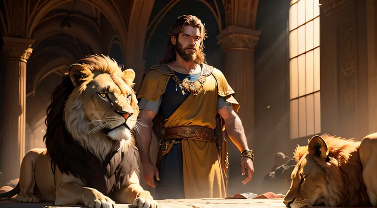 "Create a highly detailed 4K image (16:9 aspect ratio) of Daniel in the lions den. The scene should be ultra-realistic with vibrant colors and studio lighting. Daniel should be depicted as a young, confident man in biblical attire, surrounded by numerous i...