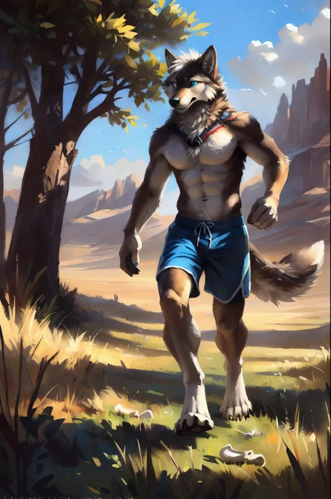 ((Solo)), male people, anthro wolf, (Multi-colored fur, White-brown:1.3), ((Wolf face, White hair, Big eyes, White eyelids, Blue pupil, Slim:1.2) (Tough, Calm expression:1.2)), Abs, Slim, pinging)), (Correct anatomy), (Work shorts:1.1), (Contour bone:1.2),...