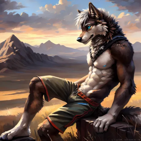 ((Solo)), male people, anthro wolf, (Multi-colored fur, White-brown:1.3), ((Wolf face, White hair, Big eyes, White eyelids, Blue pupil, Slim:1.2) (Tough, Calm expression:1.2)), Abs, Slim, pinging)), (Correct anatomy), (Work shorts:1.1), (Contour bone:1.2),...