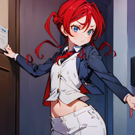 The girl put out her navel in the highest quality uniform blazer Front composition Arms tied and hung on top hair color is red