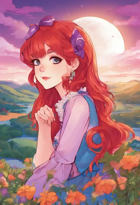 midshot, cel-shading style, centered image, ultra detailed illustration,girl, reddish redhead, with freckles on her cheeks, two-tone eyes, the left red and the right purple, wearing a lolita style outfit ,vibrant colors, landscape background, moon earring ...