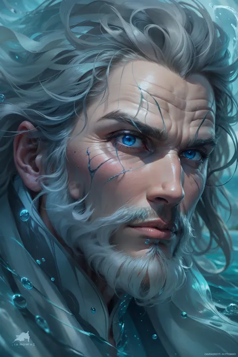 Man of water, with hair and eyes of water, a portrait of a water sorcerer, realistic portrait, fantasy male portrait, ultra-realistic, ultra-detailed