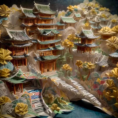 (popup book：1.5），(paper art:1.2，Sewing paper art:1.3)（baiyun，mountains and rivers，Oriental ancient architecture），（plethora of colors，Best quality，detail detail，tmasterpiece，folk art，Cinematic lighting effects，4K，Chiaroscuro）