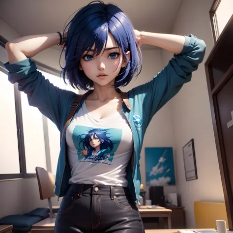 Garota de anime de cabelos curtos azul com uma camisa branca olhos grandes raya fritz do jogo space for the unbound, no estilo dos desenhos do makoto shinkai