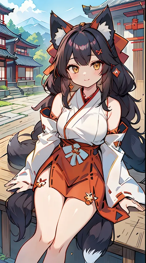 best quality, masterpiece, 1girl, mea, (slender:1.3), medium breasts, (black hair:1.1), wavy hair, (diagonal bangs:1.3), (looking at viewer:1.4), (miko:1.5), (japanese building:1.3), (fox ears:1.5), (Medieval Fantasy:1.4), light smile, (thighs:1.4), (hair ...