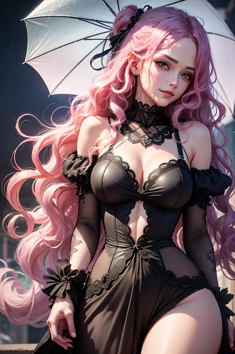 Perona from One Piece, pink hair, long hair, curly hair, green eyes, gothic clothes, gothic girl, 18 yo, sexy underwear, wet clothes, transparent clothes, dark fantasy, dark light, ghothic envoirment, moon light, ghost with smile, (Masterpiece: 1.4), (8K, ...