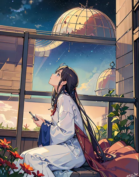 best quality, masterpiece, extremely detailed, detailed background, anime, 1girl, young girl, short girl, sci-fi, science fiction, outdoors, night, starry sky, greenhouse, megastructure, bio-dome, landscape, scenery, horizon, rooftop, sitting on rooftop, w...