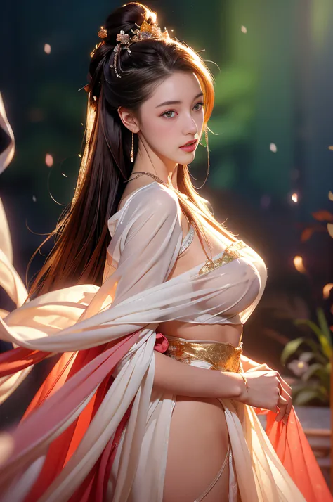 Gilded Chinese Palace,looki at viewer,depth of fields,bokeh dof,light falling,((A MILF))、pregnant woman、Red dress transparent underwear、one-girl、Red shirt、a black skirt、huge-breasted、 with brown eye、(long whitr hair、brunette color hair、Very straight hair:1...