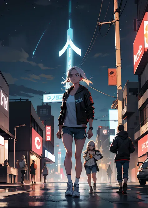 Uma menina em um top de manga comprida e shorts jeans, (Neon Cybperpuk Accessories) e tatuagens.The vast dark sky, belo horizonte, cidade pegando fogo ao fundo, grandes pastagens, extremely tense and dramatic pictures, efeitos visuais em movimento, Polaris...