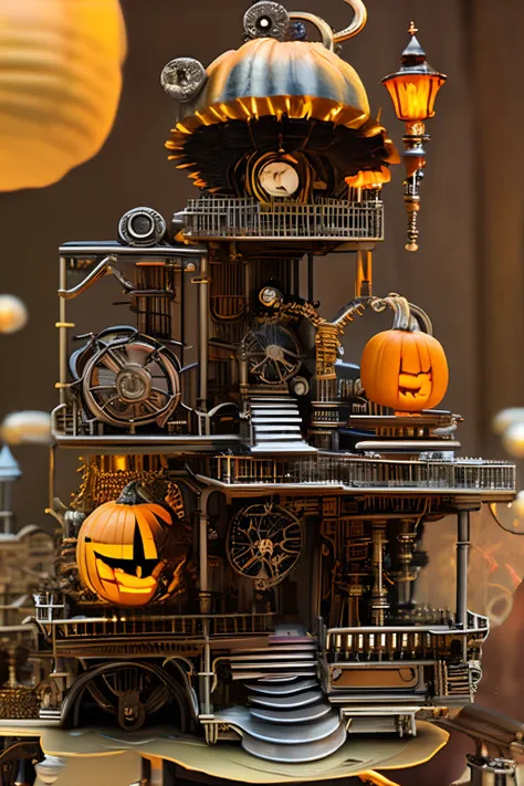 A Clockwork Pumpkin Lantern、From the neck down of a beautiful girl is an unfinished machine、Steampunk lab with complex machinery、The background is a night city without people