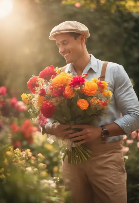 It shows a shot of a passionate male gardener holding a bouquet of flowers in a serene and beautiful garden. Sunlight should bathe the garden to convey warmth and love for nature.