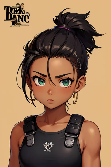 Top knot with ponytail Green eyes Dark skin Tanning Dark brown hair Mole under the eyes Tomboy girl Athletic physique Chibi Art Steampunk Mechanisms Anime Portrait. barn. Shaved whiskey