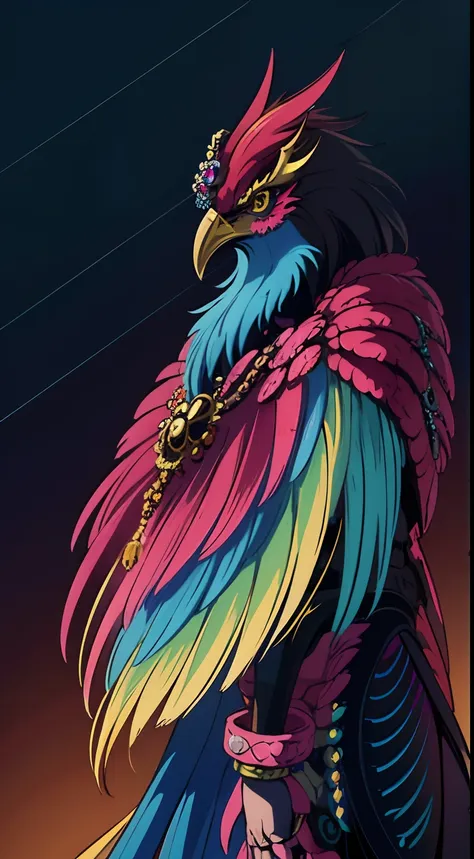 imagine a bizzare god of fractal design wielding a rare bird at his side adorned with jewels and skulls. vibrant striking color,...