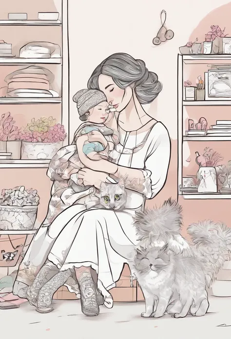 Create the image of a crochet artisan, with her 1-year-old baby girl on her lap, and her two pet cats nearby. The crocheteira has hair up to the shoulder, levemente ondulados, e possui rosto arredondado e bochechas salientes.