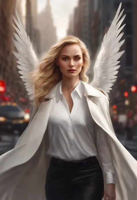 1girl,golden hair,red eyes,long white trench coat,[white angel wings],on the streets of a city,[clothes with black details],shiny eyes,[halo of light on the head],day,[dramatic colors],illustration,ultra-detailed,[highres],realistic Explanation: This promp...