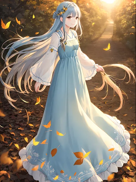 Brown and yellow long dress　Pretty girl　Long light blue hair、A charming smile　Black eyes　Photo of partially fallen leaves fluttering　Illuminated by the setting sun、Dress and hair fluttering in the wind　Face Highlights