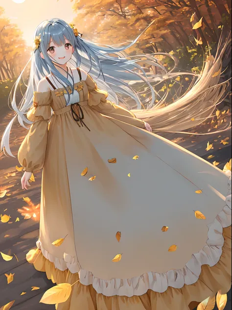 Brown and yellow long dress　Pretty girl　Long light blue hair、A charming smile　Black eyes　Photo of partially fallen leaves fluttering　Illuminated by the setting sun、Dress and hair fluttering in the wind　Face Highlights