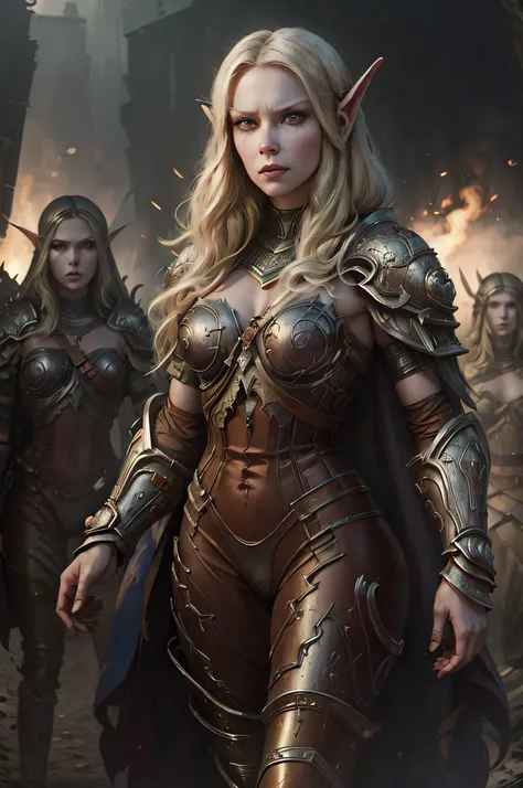 an adult girl stands on the battlefield, after the battle, elven warriors stand on the battlefield, detailed digital anime art, ...