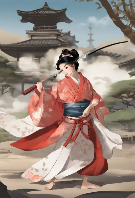 It is a full-body painting with natural colors，Line drawing with Katsushika Hokusai style。Swordsman: 7 years old Japanese little girl with a slender and slender body。A samurai with a 7-year-old girl in Japan。She has a dignified and innocent expression，Shor...