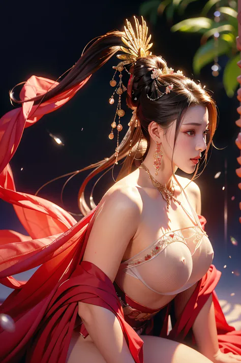 Gilded Chinese Palace,looki at viewer,depth of fields,bokeh dof,light falling,((A MILF))、pregnant woman、Red dress transparent lingerie、one-girl、Red shirt、a black skirt、huge-breasted、 with brown eye、(long whitr hair、brunette color hair、Very straight hair:1....