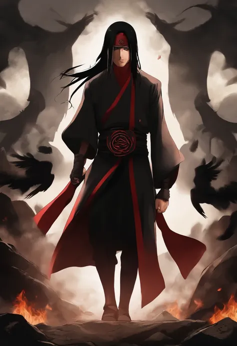 (master part, best quality, high resolution,granulado:1.2), 
quebrar (Uchiha Itachi:1.3), Cabelos Longos,protetor de testa, Ninja, capa, Garganta alta, jewelries, colar,cabelos pretos ,Olhos vermelhos , macho, 1st grade, black smoke surrounding, covered in...