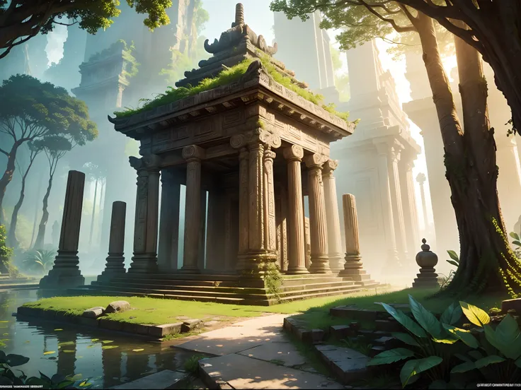 (masterpiece, best quality), best resolution, fantasy jungle, exotic plants and animals, ancient temple ruin