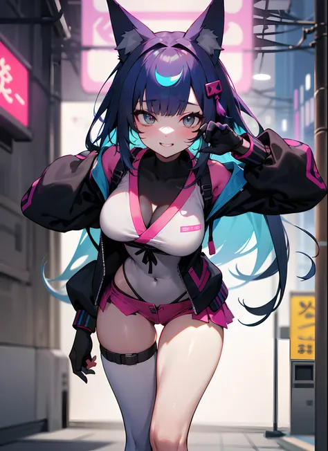 (RAW photo, best quality, masterpiece:1.2), (best quality:1.4), ((sexy cute Japanese cyberpunk catgirl)), (((slender body))), big breasts, (bangs), smiling, ((wearing colorful Harajuku tech jacket)), ((wearing miniskirt)), insane details, dynamic pose, cyb...