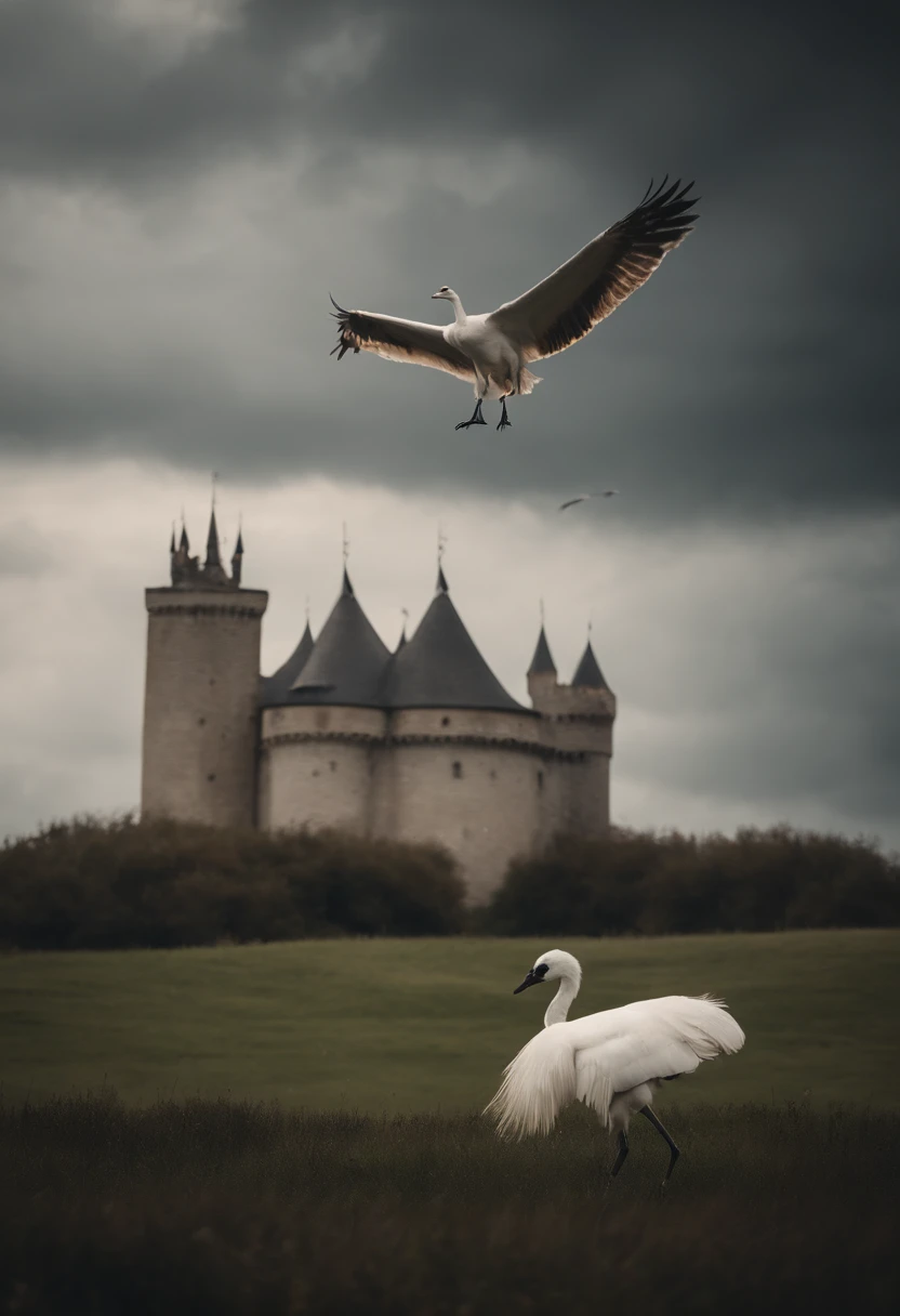 a white wolf watches a demonic whooping crane descend from the sky near a medieval castle