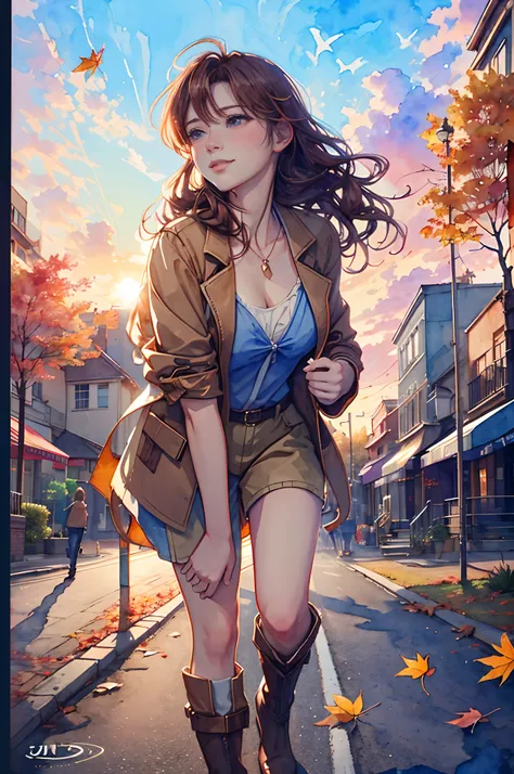 8K, masutepiece, Highest Quality, (From below),a closeup , 1 woman at 25 years old,A slight smil, long wavy brown hair,Breasts are big,City walk in autumn,Street Trees, (Sunset sky:1.2),Portrait, watercolor sketch, Falling leaves flutter, watercolor paitin...