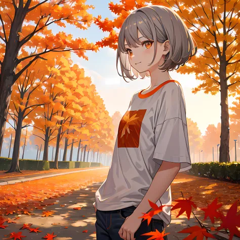 masterpiece, best quality, outdoors, sunset, trees with red and orange leaves, falling leaves, autumn, 1 girl, (gray hair),(orange eyes), t shirt, jeans, wondering, looking around, park, small smile