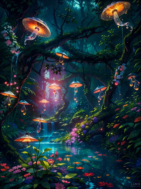 (best quality,4k,8k,highres,masterpiece:1.2),ultra-detailed,(realistic,photorealistic,photo-realistic:1.37),fantasy jungle,floating jellyfish,blue leaf,pink butterfly,firefly,glowing mushroom,strange-looking tree,black vines,strange-looking flowers,colorfu...