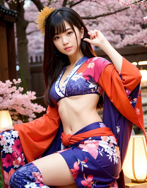 ((Mundo das Trevas)),profissional , obra prima、qualidade superior、Fotos realistas , profundidade de campos 、（sexypose）、(Background of cherry blossoms in full bloom),（Beleza Suprema）、Um cabelo escuro、（)、（Kimono with beautiful pattern）、（fundo noturno）、（（Uma ...