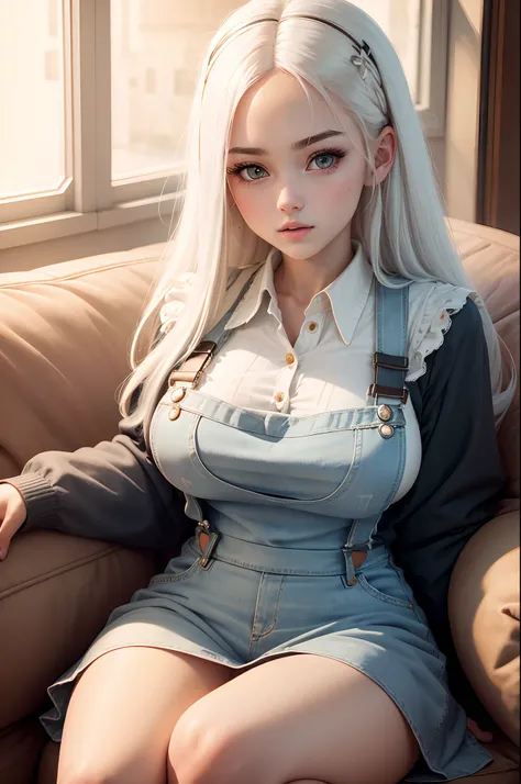 +Masterpiece, best quality, super detailed, a schoolgirl, beautiful face, rich details, (long white hair), perfect face, overalls, sitting, close-up, shabby sofa, big boobs