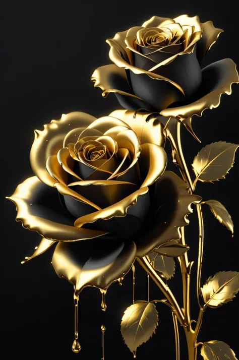 There is a golden rose with a drop of water on it, flores de ouro, preto e dourado cor rica, Cores Preto e Dourado, Preto e Dourado, ouro preto, ouro e preto, rosas pretas, flores e ouro, Flores douradas, ouro e metal preto, flores em flocos de ouro, esque...