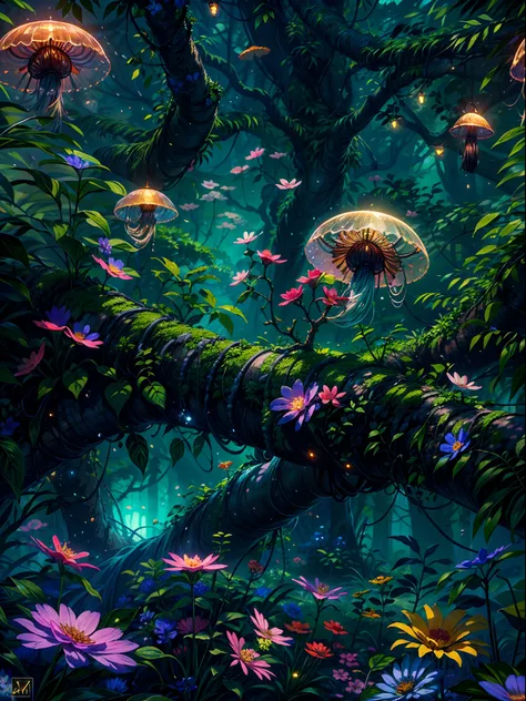 (best quality,4k,8k,highres,masterpiece:1.2),ultra-detailed,(realistic,photorealistic,photo-realistic:1.37),fantasy jungle,floating jellyfish,blue leaf,pink butterfly,firefly,glowing mushroom,strange-looking tree,black vines,strange-looking flowers,colorfu...