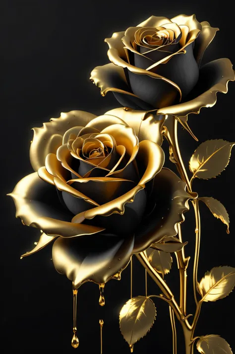 There is a golden rose with a drop of water on it, flores de ouro, preto e dourado cor rica, Cores Preto e Dourado, Preto e Dourado, ouro preto, ouro e preto, rosas pretas, flores e ouro, Flores douradas, ouro e metal preto, flores em flocos de ouro, esque...