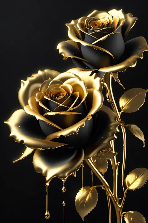 There is a golden rose with a drop of water on it, flores de ouro, preto e dourado cor rica, Cores Preto e Dourado, Preto e Dourado, ouro preto, ouro e preto, rosas pretas, flores e ouro, Flores douradas, ouro e metal preto, flores em flocos de ouro, esque...