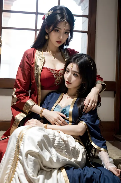 woman in red lehenga, sitting on the lap of a woman in a blue harem costume, making out, agressive,(ulzzang-6500-v1.3,pureerofac...