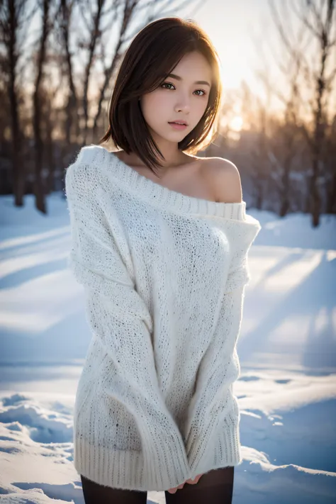 (RAW photo) Winters，snow landscape，Beautiful teenage shoulder-length sweater，lacepantyhose, white underwear, Random color，long sweater，depth of fields，Real light，Ray traching，OC renderer，UE5 renderer，Hyper-realistic，best qualtiy，8K，Works of masters，super-f...