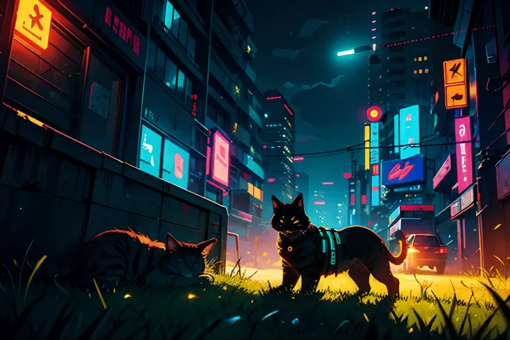 neon, cyberpunk, cat, sleeping, grass, strong sun, cold day,