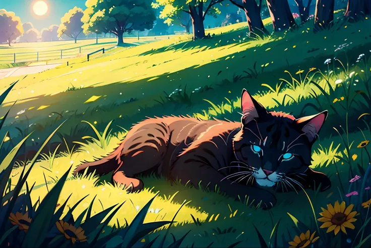 neon, cat, sleeping, grass, strong sun, cold day,