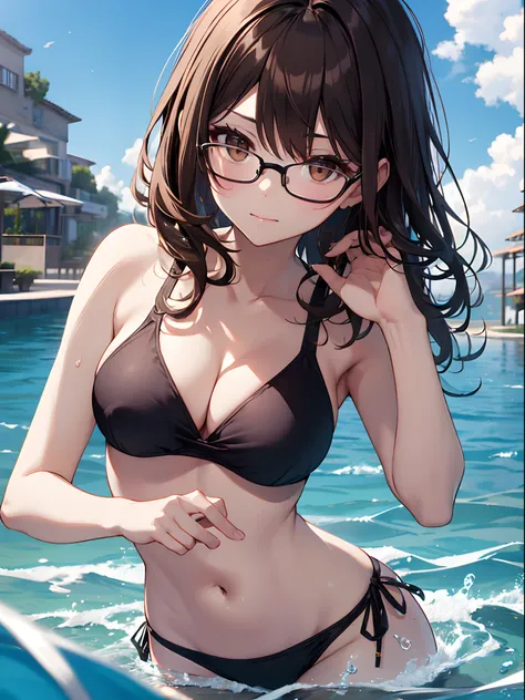 1人の女性、brown haired(Curta)、Brown eyes、Black-rimmed glasses、Best Quality、ultra-detailliert、8K resolution、Raw photo、masutepiece、seductive boobs、gorgeous faces、Perfect body、Mare、swim wears